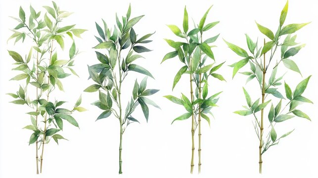 Watercolor Bamboo Illustrations on White Background Generative AI