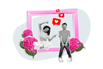 Creative abstract template collage of young couple happy positive photo frame memory album pink flowers celebrate valentine day anniversary