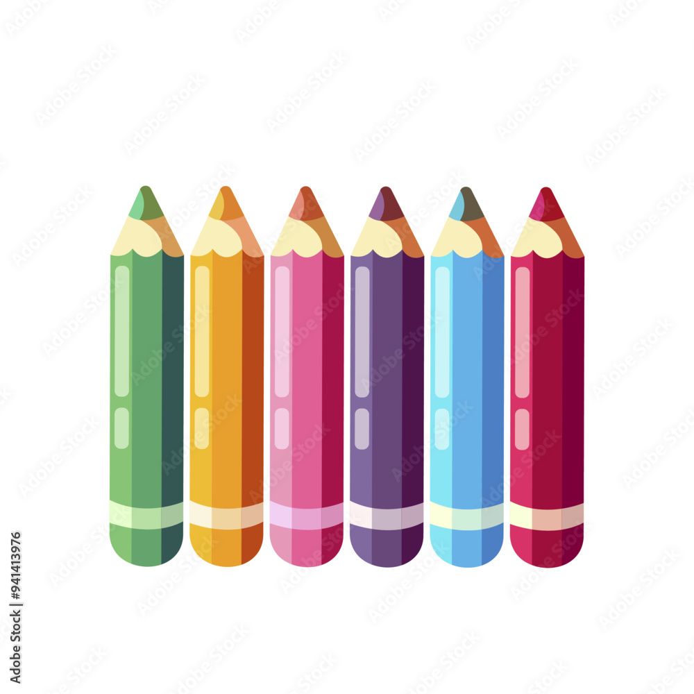 Wall mural Six vibrant colored pencils arranged in a row. Flat graphic style on a white background. Concept of art, creativity, and education. Vector illustration