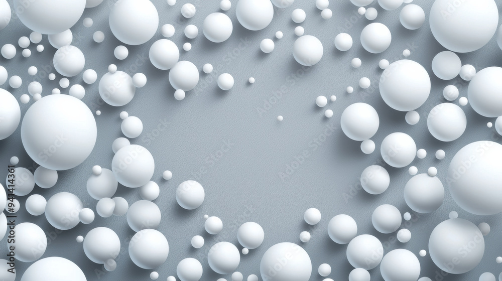 Poster abstract of white spheres of various sizes on a light gray background, creating a dynamic and modern