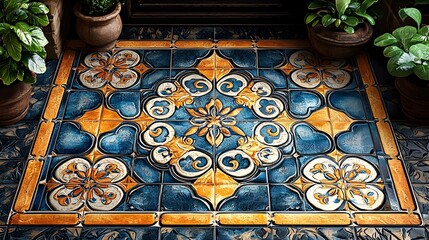Obraz premium Colorful Ornamental Mosaic Tile Pattern on Vintage Flooring in Mediterranean Style
