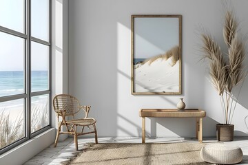 Serene Coastal Living Room with Beach View and Natural Decor
