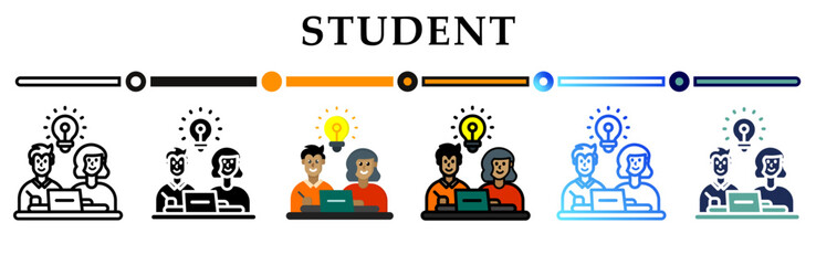 Student icon on banner web icons collection. 6 Various style icons. For sign, symbol, element, presentation, infographic or web graphics. Vector Illustration.