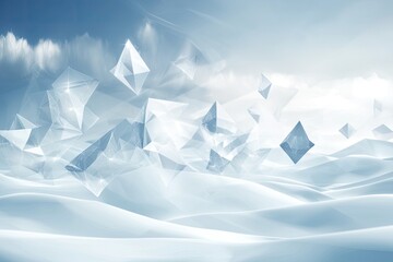 A serene landscape featuring crystalline shapes hovering over a snowy terrain under a soft blue sky.