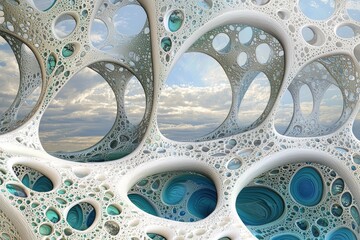 A mesmerizing abstract structure showcasing interconnected forms, reflecting light and color with organic fluidity.