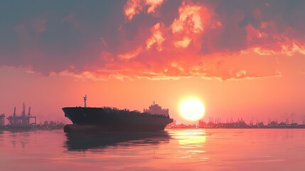 Fototapeta premium A cargo ship navigates through tranquil waters at sunset, silhouetted against a vibrant sky with industrial silhouettes in the background