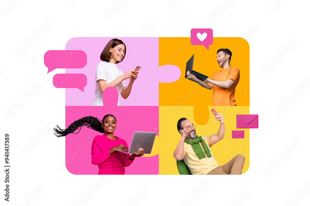 Poster creative composite photo abstract collage of positive cheerful people communicating online in amazin