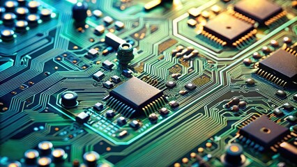 Fototapeta premium Close-up of a detailed electric circuit board background , technology, electronics, components, microchips
