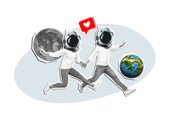 Composite collage image of running couple holding hands cosmos travel moon planet earth cosmic love celebrate anniversary valentine day