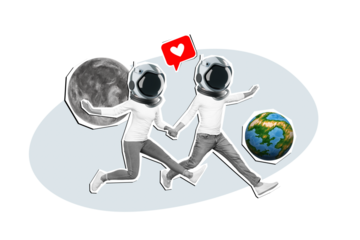 Composite collage image of running couple holding hands cosmos travel moon planet earth cosmic love celebrate anniversary valentine day