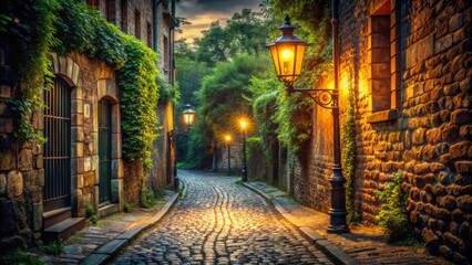 Charming alleyway with vintage street lamps illuminating cobblestone paths in picturesque scene, alleyway, vintage