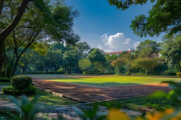 Obraz premium Serene Park Landscape with Lush Greenery and Clear Blue Skies