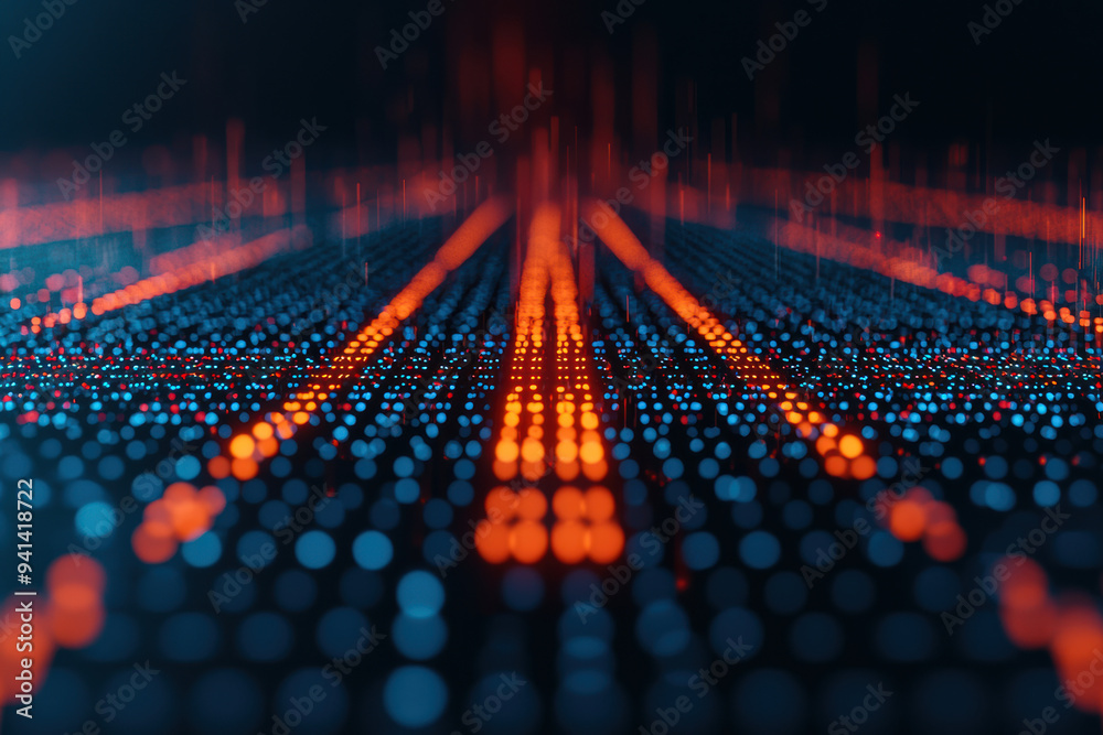 Poster abstract digital landscape with red and blue lights representing data flow. futuristic technology co