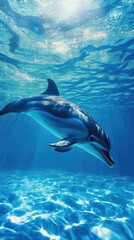 Obraz premium A graceful dolphin swimming gracefully in crystal clear blue water, capturing the beauty of marine life and underwater serenity.