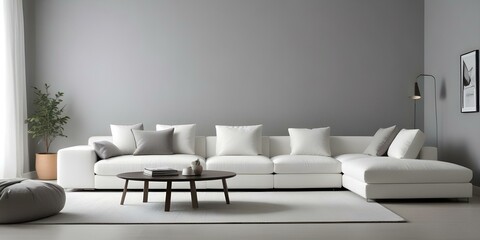 A modern, minimalist living room with a large, comfortable white sofa with plush pillows, set against a plain gray wall.