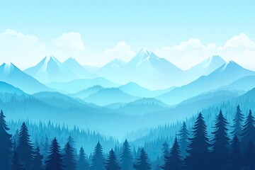 Naklejka premium A serene mountain landscape featuring blue hues, misty layers, and evergreen trees, perfect for nature-themed projects.