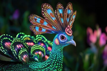 Obraz premium A vibrant peacock showcases its stunning plumage, featuring iridescent colors and intricate patterns in a lush garden setting.