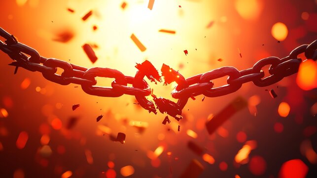 A symbolic image of a broken chain being lifted by a group of revolutionaries, red and gold hues, photorealistic, focus on liberation and national revolution