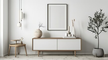 A minimalist interior scene featuring a sideboard, decor, and a potted plant.