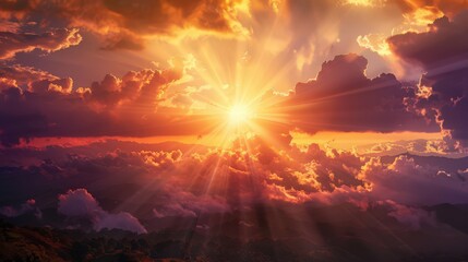 atmospheric effects of a sunset, such as sun rays filtering through clouds, creating a mystical and ethereal atmosphere.