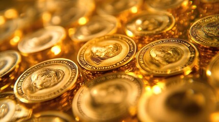 A close-up shot of shiny gold coins arranged beautifully, highlighting their intricate designs and reflecting light.