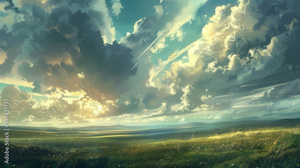 Poster highlight the dynamic interplay of clouds and sunlight, casting shadows and creating patterns of lig