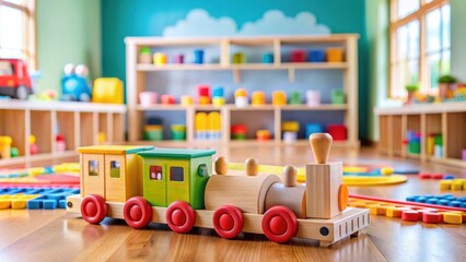 Fototapeta premium Toy wooden train on colorful background with educational toys in a kindergarten classroom, kindergarten, wooden, train