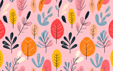 Colorful autumn leaves  pattern on a pink background, perfect for fabric, wallpaper, or wrapping paper designs.
