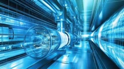Obraz premium Futuristic industrial area featuring high-tech pipelines and glowing blue lights in a technologically advanced facility