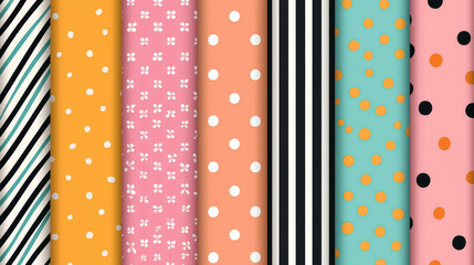 Colorful assortment of patterned fabric rolls featuring stripes, polka dots, and floral designs arranged in a row, perfect for craft and textile projects.
