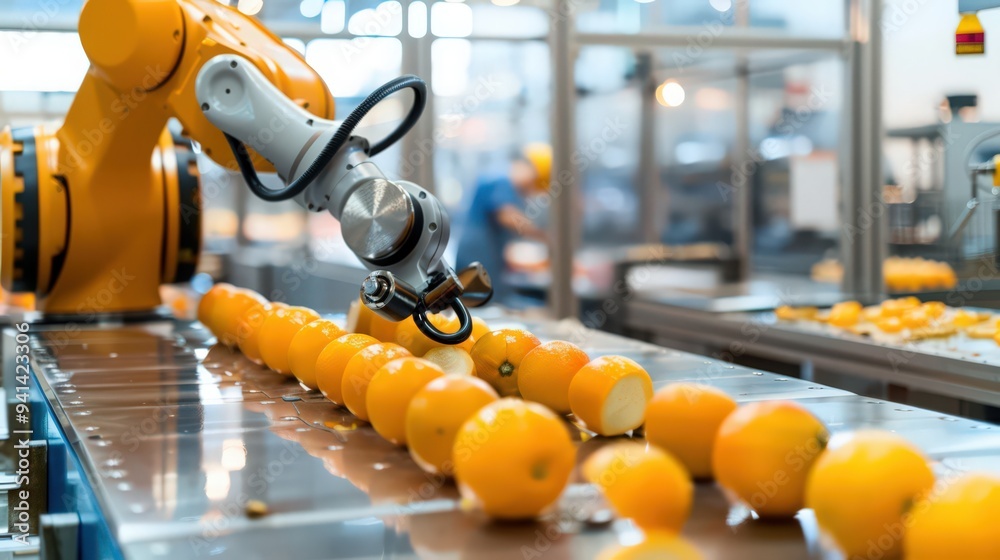 Poster innovative use of robots in a food processing factory, focusing on the cleanliness and efficiency of