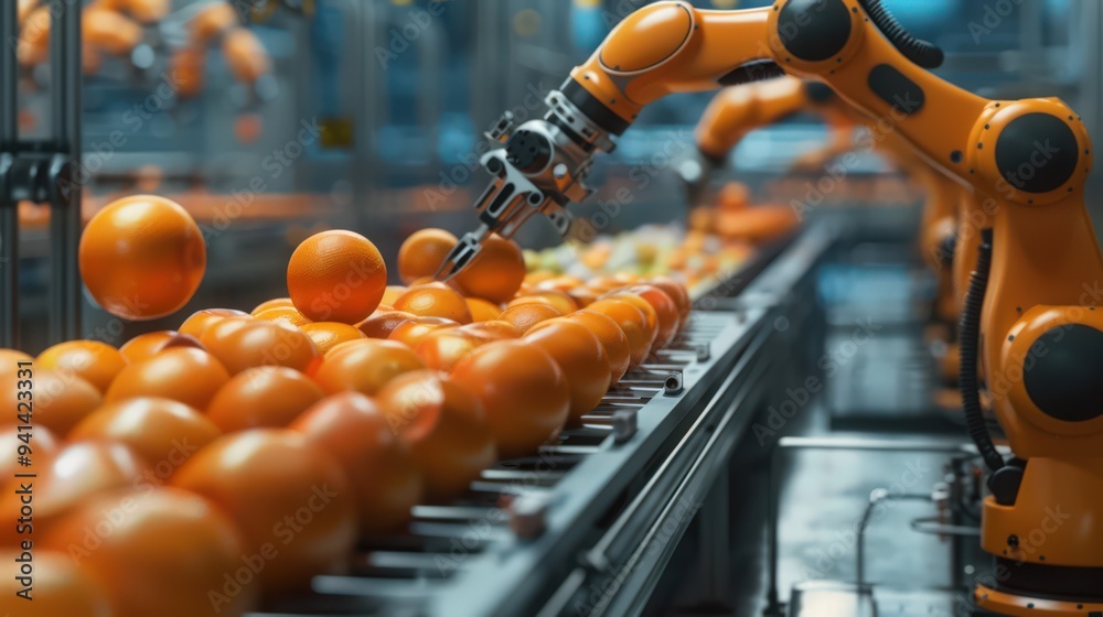 Poster innovative use of robots in a food processing factory, focusing on the cleanliness and efficiency of