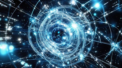 Obraz premium A dynamic abstract representation of energy waves and particles illuminated in deep space showcasing vibrant blue hues