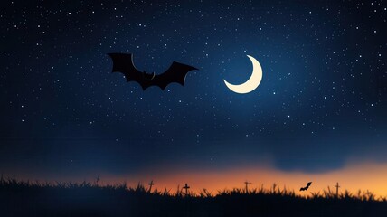 A serene night sky featuring a bat flying under a glowing crescent moon amidst twinkling stars and dark silhouettes.