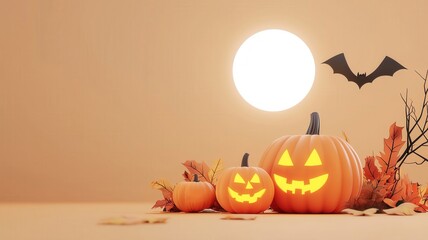 Cheerful Halloween scene with carved pumpkins, autumn leaves, and a bat silhouette against a bright sun.