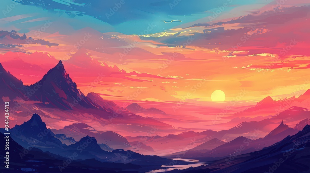 Poster Highlight the natural elements of a sunset, such as the outline of mountains against a vivid sky filled with warm, soft tones.