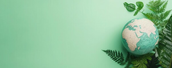 Green sustainability concept with a globe and leaves on a green background. Ideal for Earth Day or environmental themes.