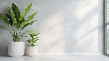 Fototapeta premium Contemporary Living Room Design, featuring a stylish sofa, lush plants, elegant floor lamp, textured wall, and expansive windows, embodying modern home aesthetics and simplicity.