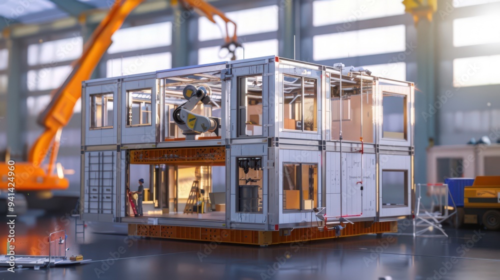 Poster robotic assembly of modular construction units, showcasing rapid deployment and scalability