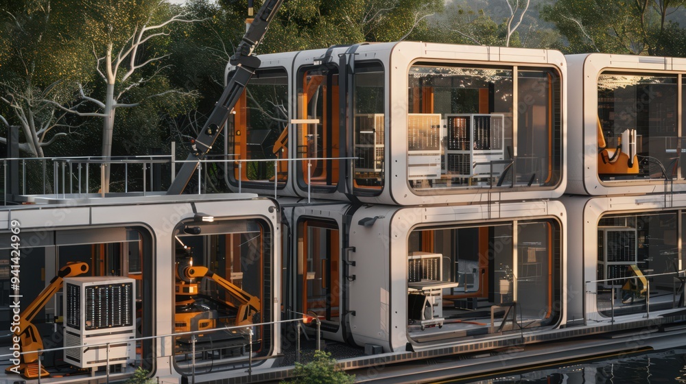 Poster robotic assembly of modular construction units, showcasing rapid deployment and scalability