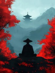 Silhouette of a man meditating amidst vibrant red trees with a pagoda in the misty background, evoking tranquility and zen.
