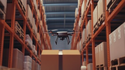 Drone navigating through a large warehouse filled with stacked boxes in a well-organized storage facility