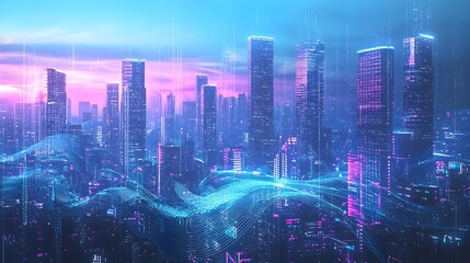 Fototapeta premium Glowing Futuristic Metropolis Skyline with Skyscrapers and Illuminated Networks at Dusk