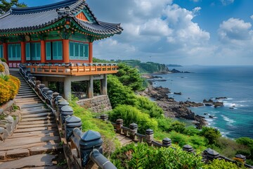 Obraz premium Serene Coastal Temple Overlooking the Ocean