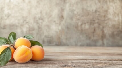 Apricot Arrangement on Rustic Wood, vibrant apricots showcased on a weathered wooden surface, minimalist backdrop emphasizing their fresh colors, inviting and uncluttered atmosphere