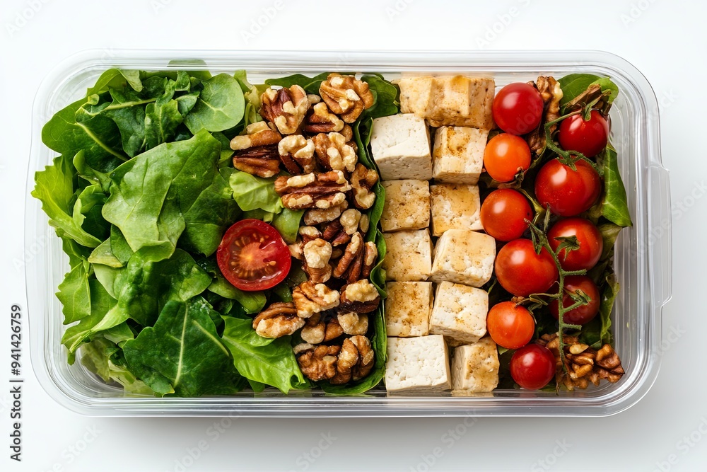 Canvas Prints A top view of a vegan lunch box with mixed greens, tofu, cherry tomatoes, and nuts, arranged in a clear plastic container, isolated on white, more clarity with clear light and sharp focus, high