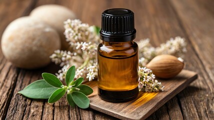 a small bottle of petitgrain essential oil isolated background