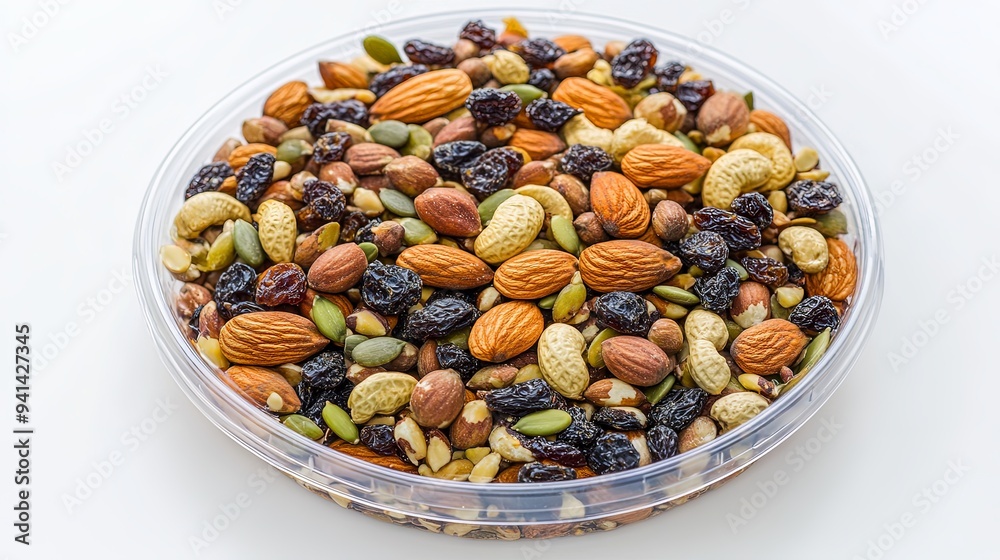 Wall mural An isolated image of a round plastic container filled with mixed organic nuts, dried fruits, and seeds, perfect for snacking, more clarity with clear light and sharp focus, high detailed