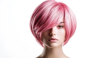 A portrait of a woman with vibrant pink hair and matching makeup exudes bold, modern style.