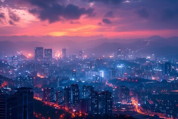 Fototapeta premium Stunning Cityscape at Dusk with Vibrant Lights and Mountains in the Background